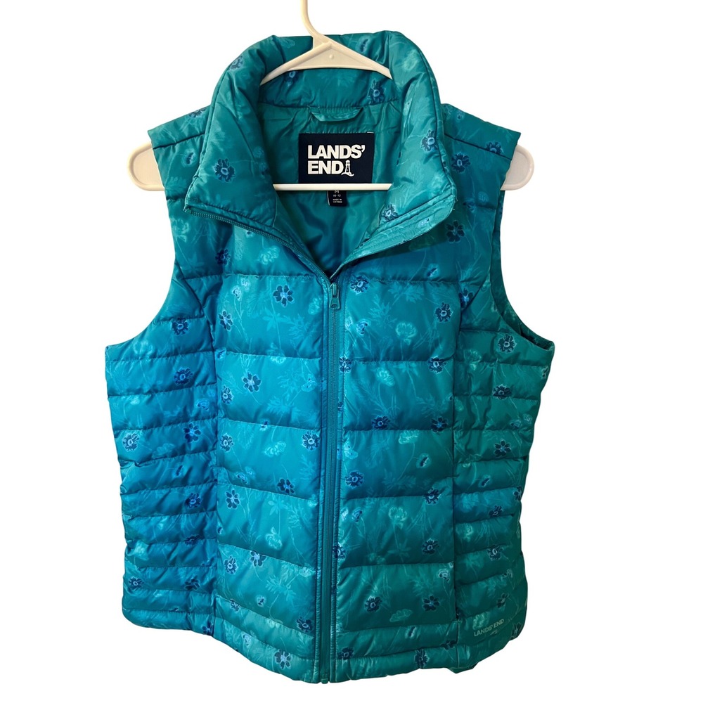 Lands' End Women's Down Puffer Vest Floral Print Teal Blue Lightweight Medium